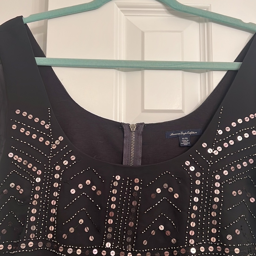 Beaded and Sequined Gray Mini Holiday Party Dress - Picture 2 of 4
